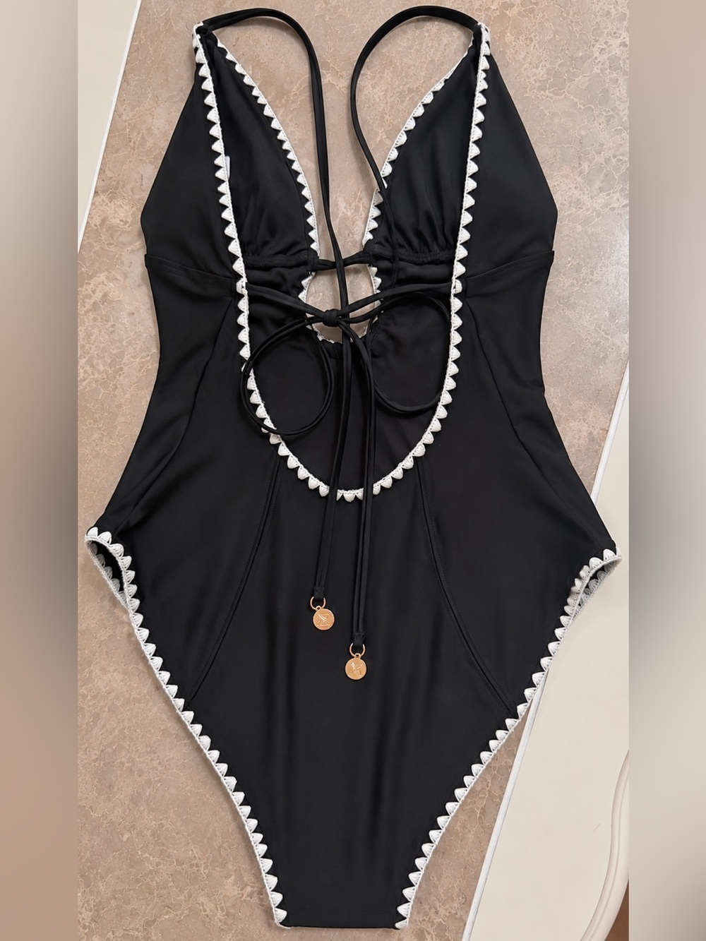 NWT X MILLY Cutout Crochet Trim One-Piece Swimsuit Black/Natural Size M - Picture 2 of 4